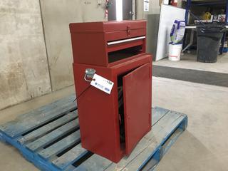 Red Metal Tool Cabinet, 11in x 17in x 30in c/w Oxy/Acetylene Gauge and Hose.