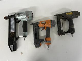 Ridgid 3/8-1-1/2in Finishing Stapler, 5/16-1-9/16in Stapler and Metabo 7/16in Stapler.