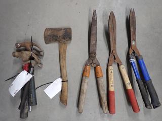 Assorted Hammers, Shears and Axe.