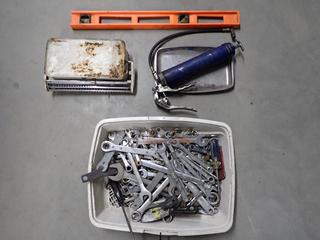 Bin of Assorted Wrenches, Grease Gun, Level and Scale.