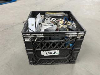 Crate with Assorted Electrical Supplies Including Switches, Antennas, Etc.