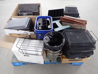 Pallet of Assorted Office Supplies, Stationary, Staplers, File Sorters, Etc.