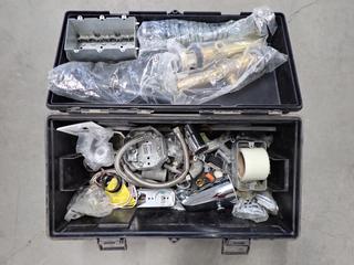 Strong N' Tuff 19in Plastic Tool Box with Assorted Drain Plugs and Plumbing Hardware.