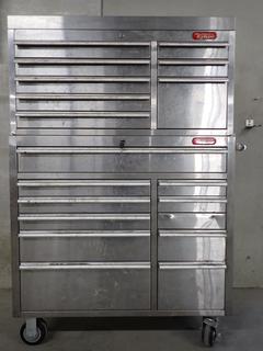 Mechanics Edge Stainless Steel Locking 18-Drawer Mobile Cabinets, 41in x 18in x 62in with Contents.