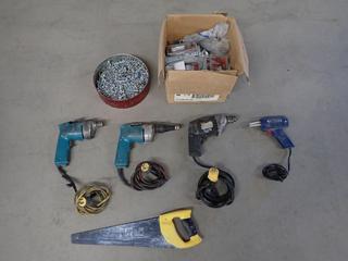 Assorted Hand Tools, Latch Hardware, Nuts and Bolts.