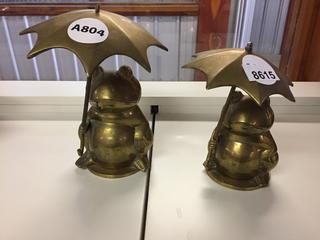 (2) Brass Frogs w/ Umbrellas.