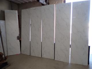 (6) BL Stretta WH Marble Fine Laminate Countertops, 97in x 25in x 1-1/8in, Damaged.