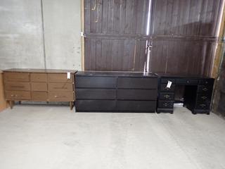 (2) Wooden Dressers, 63in x 20in x 30-1/2in and Wooden 9-Drawer Vanity, 42-1/2in x 19in x 30in.