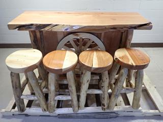 Custom Built Juniper and Cedar Bar with (4) Stools, 66-3/4in x 2ft x 42-1/4in and 30in Stools. (AU)