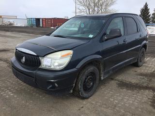 2004 Buick Rendezvous CX AWD SUV c/w 3.4L 6 Cyl, Auto, A/C, Power Driver Seat, Locks, Windows & Mirrors, 215/70R16 
Tires, Showing 231,758 Kms, VIN 3G5DB03E44S567126, *Front Bumper Lip Damaged, Inside Trunk Latch Broken*