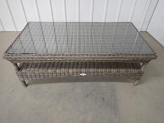 Unused Houston Grey Weave Coffee Table with Glass Insert, 51in x 28in x 18in. (8-P-3)