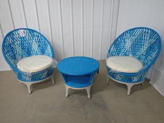 Unused Osmen Patio Set c/w (2) Chairs with Cushions and Side Table (Missing Glass Top), Blue. (WH)
