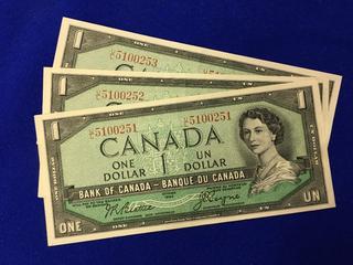 (3) Sequential Bank Of Canada One Dollar Bank Notes. S/N UL5100251, UL5100252, UL5100253.