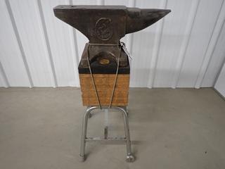 Vulcan Arms & Hammer 80lb. Blacksmith US Patent OFF Anvil c/w Rolling Stand.