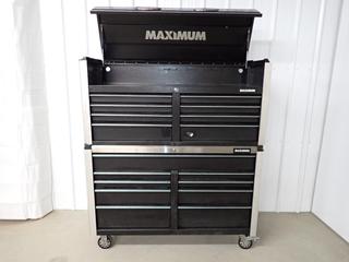 Maximum Tool Chest No. 058-1370 & Rotating Tool Storage Cabinet No 058-1371, Black w/ 17 Drawers, 56 in. x 19in x 64 in., c/w Tools, No Keys, Smoke Damage. (WH)