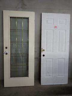 (2) Exterior Doors, (1) French Door w/ Grid Inlay, 32 in. x 1 3/4 in. x 80 in. & (1) 32 in. x 1 3/4 in. x 80 in. (WH)