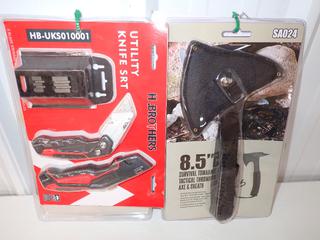 8.5 In. Survival Tomahawk Tactical Throwing Axel Sheath SA024 & H. Brothers HB-UKS070007 Utility Knife Set. (9-D-1)