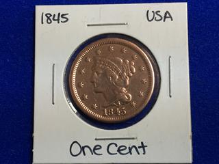 1845 United States One Cent Coin.