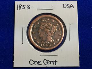 1853 United States One Cent Coin.