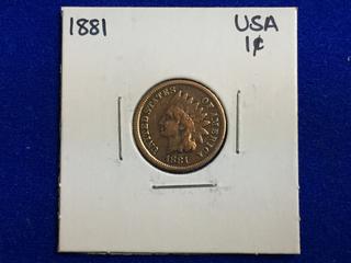 1881 United States One Cent Coin.