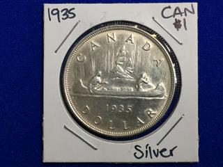 1935 Canada Silver One Dollar Coin.