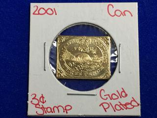 2001 Canada Gold Plated Three Cent Stamp.