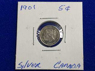 1901 Canada Silver Five Cent Coin.