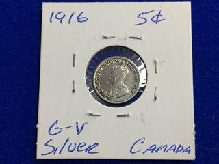 1916 Canada Silver Five Cent Coin.