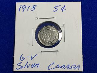 1918 Canada Silver Five Cent Coin.