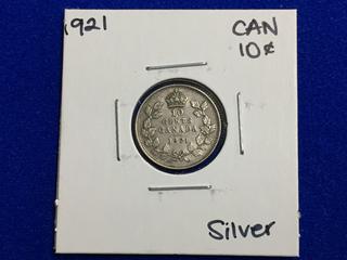 1921 Canada Silver Ten Cent Coin.