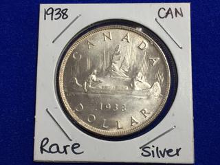 1938 Canada Rare Silver One Dollar Coin.