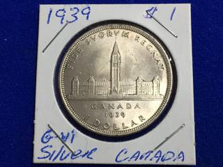 1939 Canada Silver One Dollar Coin.