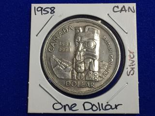 1958 Canada Silver One Dollar Coin.