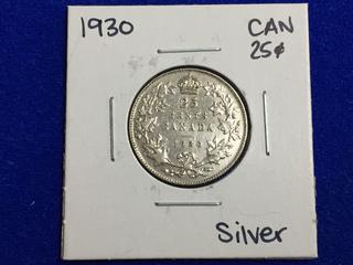 1930 Canada Silver Twenty-Five Cent Coin.