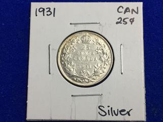 1931 Canada Silver Twenty-Five Cent Coin.