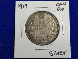 1919 Canada Silver Fifty Cent Coin.