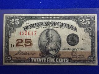 Dominion Of Canada Twenty-Five Cent Bank Note S/N 435017.