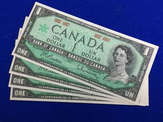 (4) Bank Of Canada Uncirculated One Dollar Bank Notes.