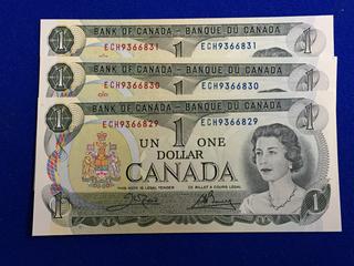 Bank Of Canada Uncirculated Sequential One Dollar Bank Notes, S/N ECH9366829, ECH9366830, ECH9366831.