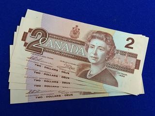 Bank Of Canada Uncirculated Sequential Two Dollar Bank Notes, S/N ECP5553681, ECP5553682, ECP5553683. ECP5553684, ECP5553685.