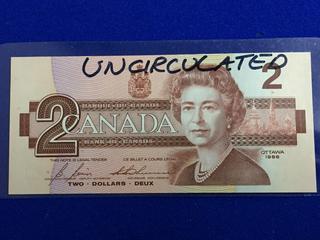 Bank Of Canada Uncirculated Two Dollar Bank Note, S/N EGR9789967.