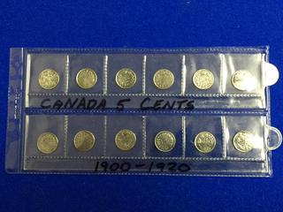 Set of 1900-1920 Canada Five Cent Coins.