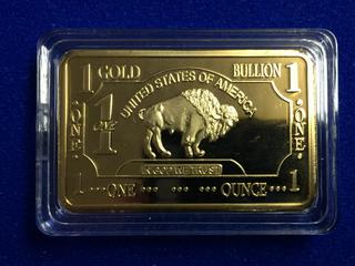 100 Mills .999 Fine Gold Plated Bronze One Troy Ounce Bar.