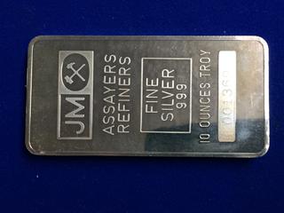 Assayers Refiners .999 Fine Silver Ten Ounce Bar, S/N 001369.