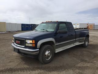 1998 GMC 3500 Sierra 4x4 Pickup c/w 6.5L Turbo Diesel, Auto, A/C, Power Locks, Windows, Mirrors & Seats, Tow Package, Tow Mirrors, 235/85R16 Tires, Showing 235,929 Kms, VIN 1GTHK39F9WE534812, *Passenger Rear Fender Damaged, Driver Tail Light Damaged*