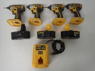 (4) DeWalt DC825 18V Driver Drills c/w Batteries & Charger. (2-A-1)