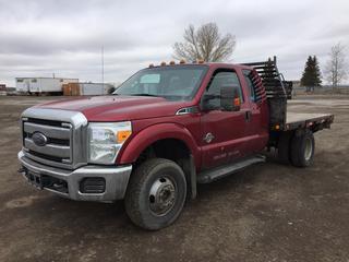 2015 Ford F350 4x4 Deck Truck c/w Powerstroke 6.7L, Auto, A/C, Power Locks, Windows, Mirrors & Seats, 9 Ft. 4 In. Deck, LT245/75R17 Tires, Showing 513,782 Kms, VIN 1FD8X3HT4FEC94136, * Engine Light On, Driver Running Board Damaged, Dent Front Bumper, Radio Screen Doesn't Work*