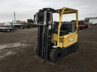 Hyster J50XN-28 Electric Forklift c/w Battery, 3 Stage Mast, 23x10-12 Front, 18x7-8 Rear Tires, SN A276B04895M, *Dented, Seat Damaged, Needs Battery Charged*