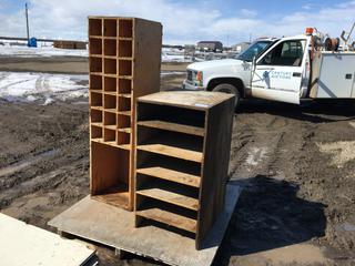 (1) Wooden Bolt Bin, Approximately 15in x 16in x 58in and (1) Wooden Shelf, Approximately 20in x 24in x 38in.