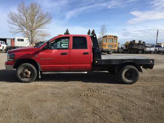 2006 Dodge Ram 3500 Deck Truck c/w Cummins Turbo Diesel, 6 Spd, A/C, Power Windows, Mirror, Seat, Back Up Camera, 8 Ft. 5 In. Deck, 265/70R17 Tires, Showing 159,352 Kms, VIN 3D7MX48C56G254865, Motor Rebuilt 3900 KM, New Clutch, Deleted No Cat. *Work Orders Available In Documents*